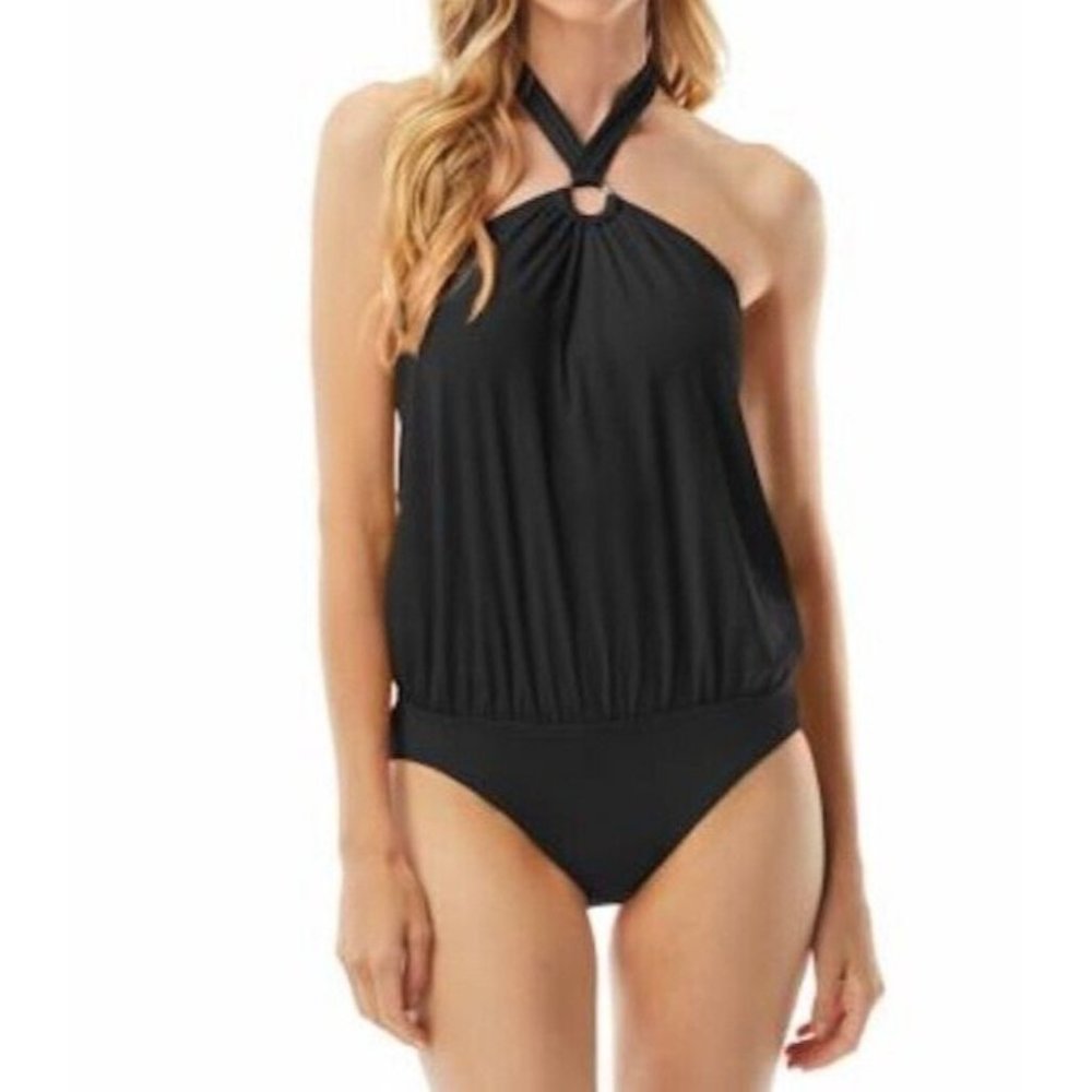 Michael Kors Ring Halter Blouson One Piece Swimsuit Black NEW Size 10
